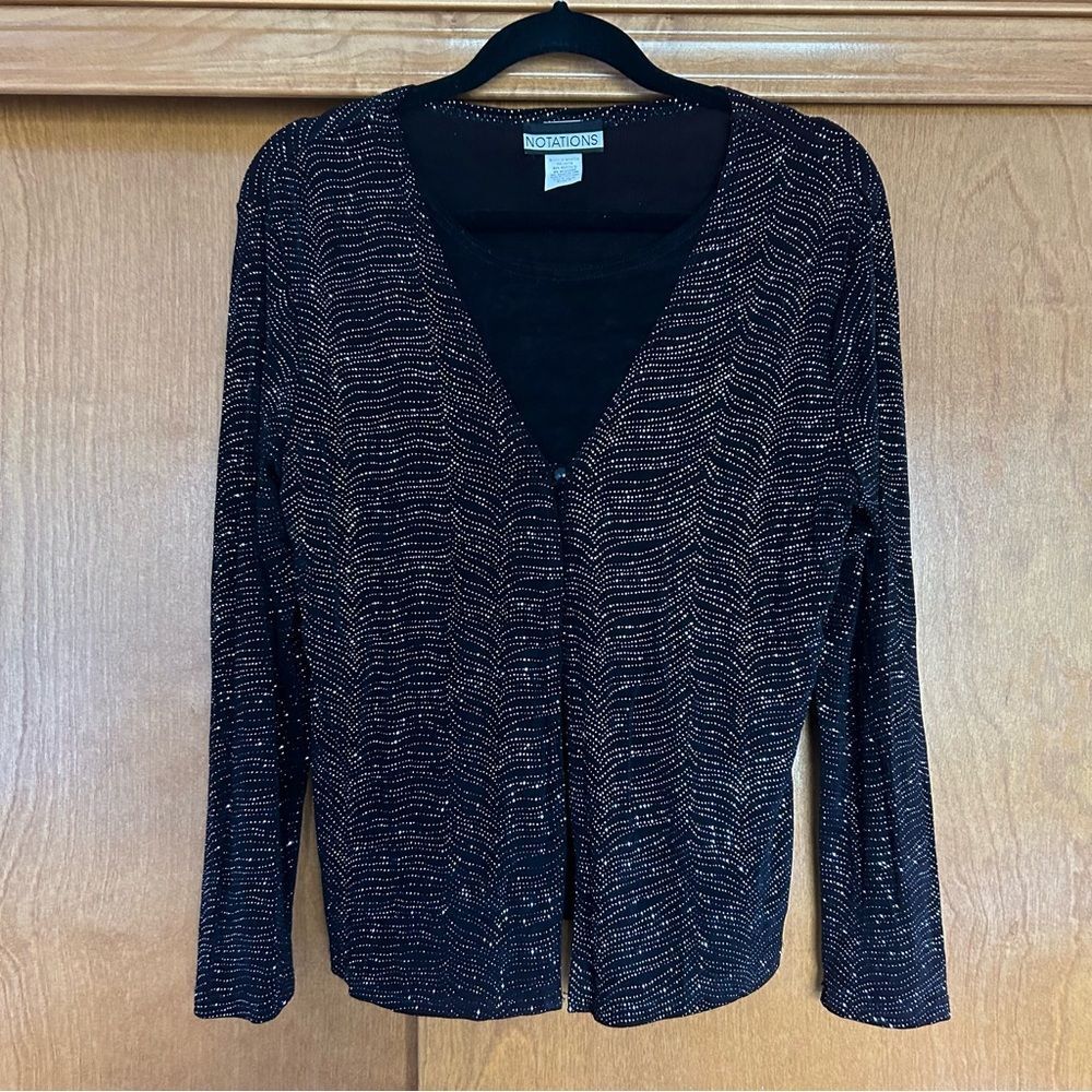 Notations Metallic Sparkle Shimmer Black Long Sleeve Blouse Small NYE Holiday